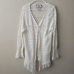90s Y2K LongCream Crochet Cardigan Fairy Cottagecore Hippie Boho Fringe Festival